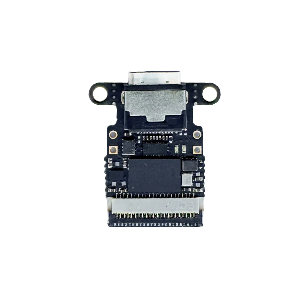 Photograph of a circuit board with a Neuropixels 1.0 port on one side and a USB C port on the opposite side.