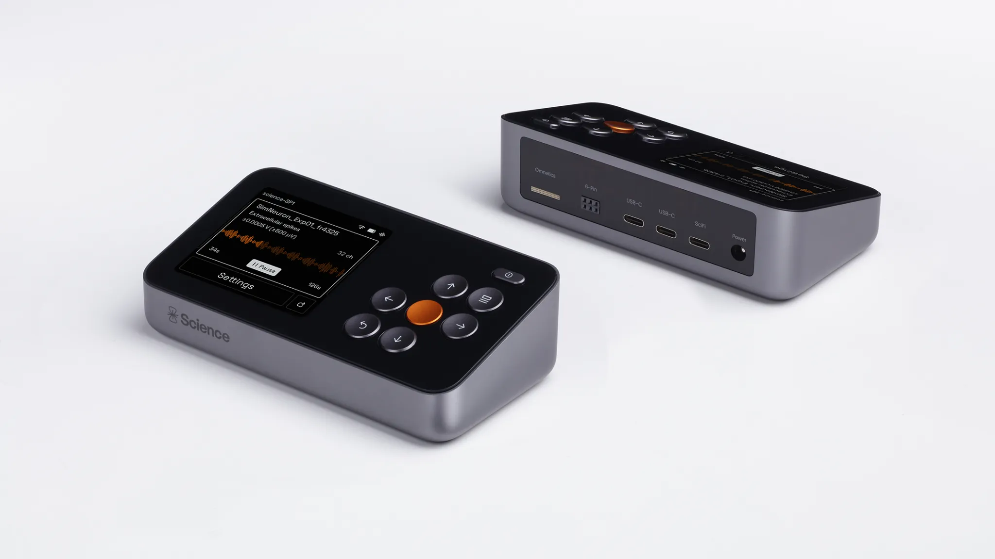 Photo of the Axon Terminal showing AMOLED screen and buttons on the front and several ports on the back.