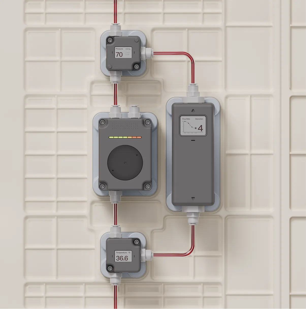A set of gray and black monitoring components, including a pump, flow meter and a temperature sensor, through which blood flows in a loop.