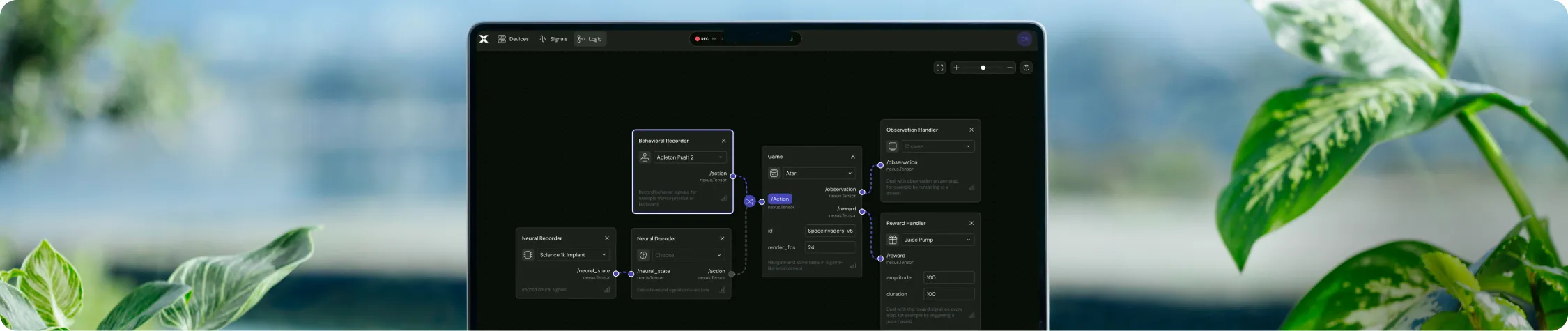 A photograph of a laptop running Nexus software showing the logic chain for an experiemental setup.