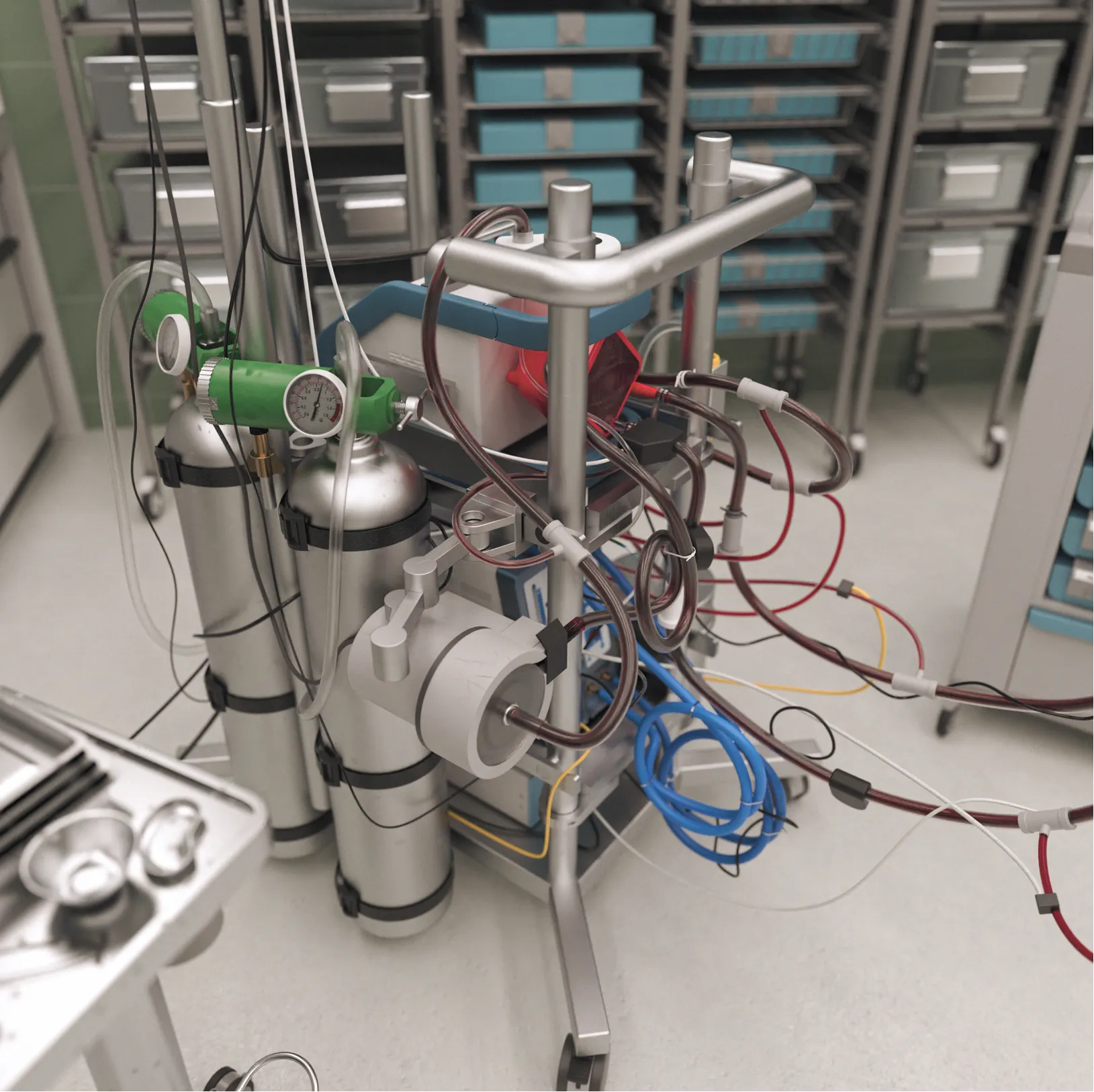Large ECMO machine with oxygen tanks, tubing, and monitoring equipment on a wheeled stand in a medical facility.