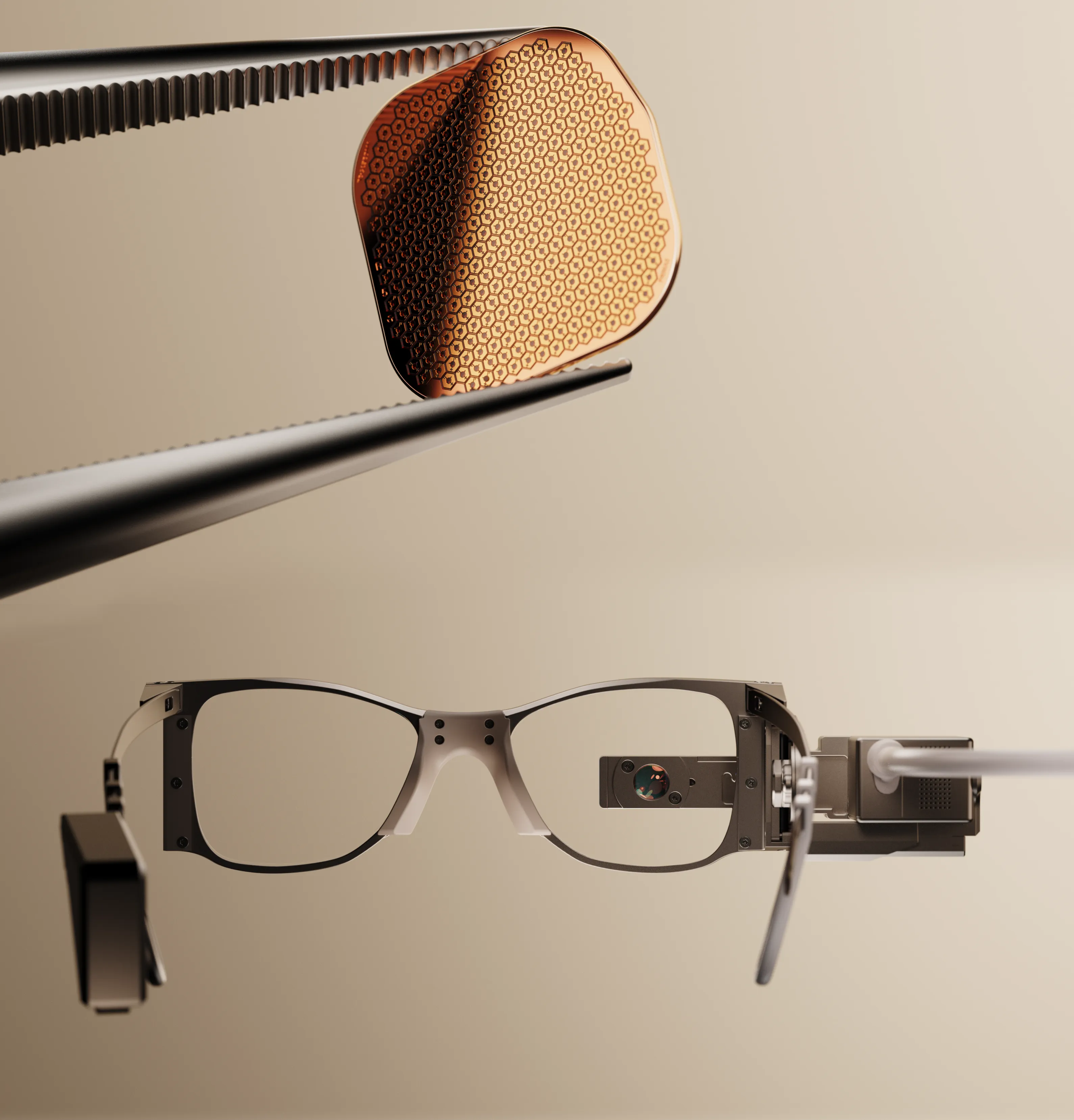 The PRIMA retinal implant shown gripped by tweezers and the PRIMA Glasses oriented to show the projector facing the wearer’s eyes.
