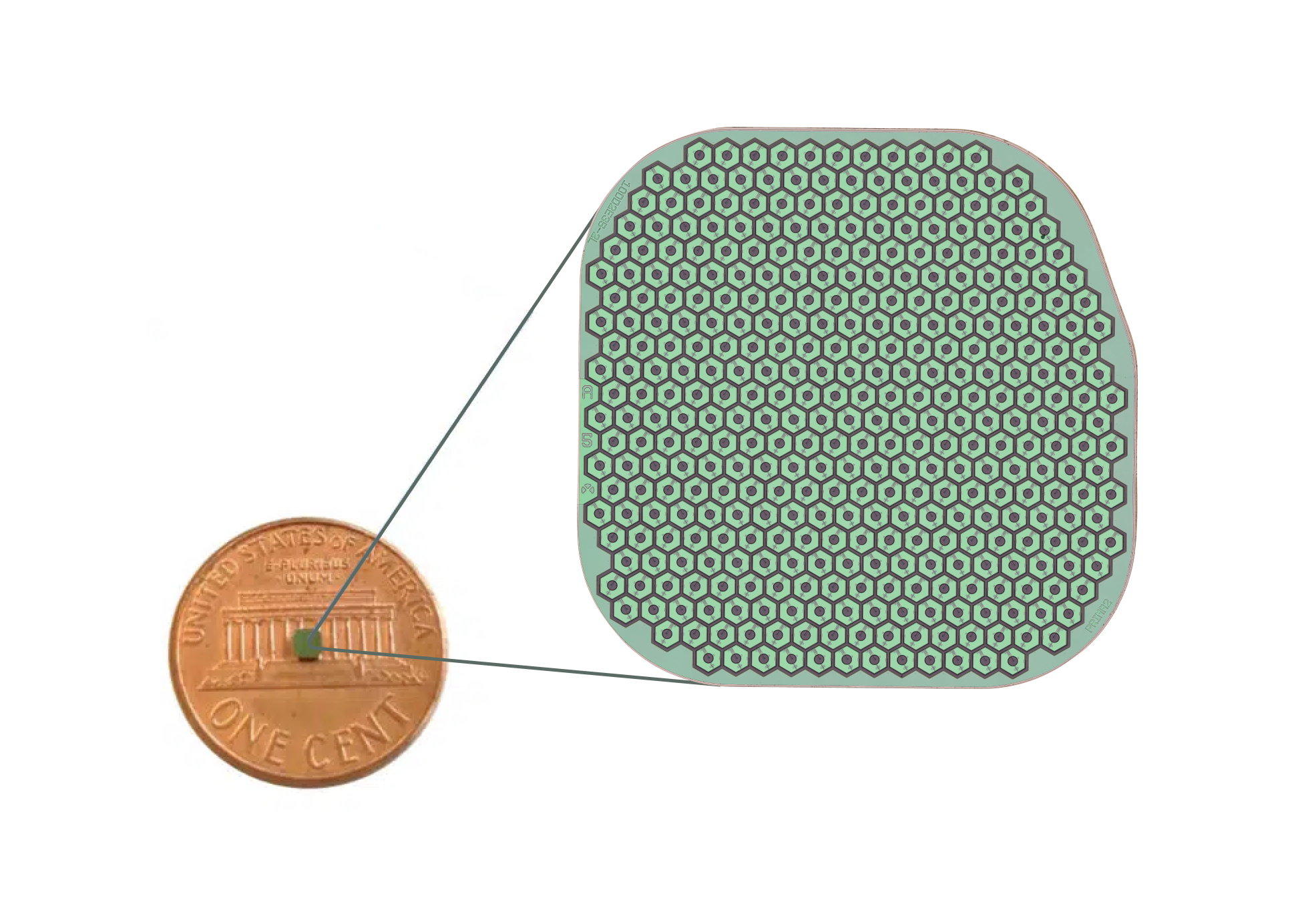 Two images of a PRIMA implant, one with the device on the obverse of a US penny showing it is a little smaller than a letter in the text 'ONE CENT', and an enlarged version of the device showing an array of hexagons, each with the same fine detail.