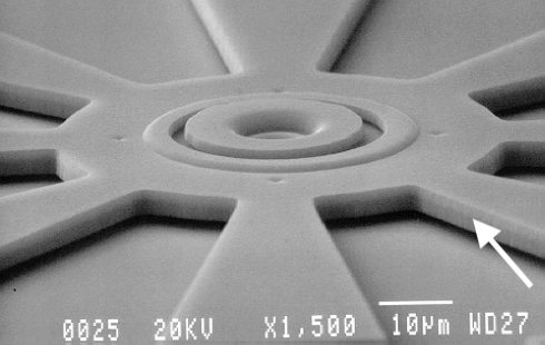 SEM photo showing a 3.5 µm rotor created by stacking the polysilicon 1 & 2 layers on top of one another