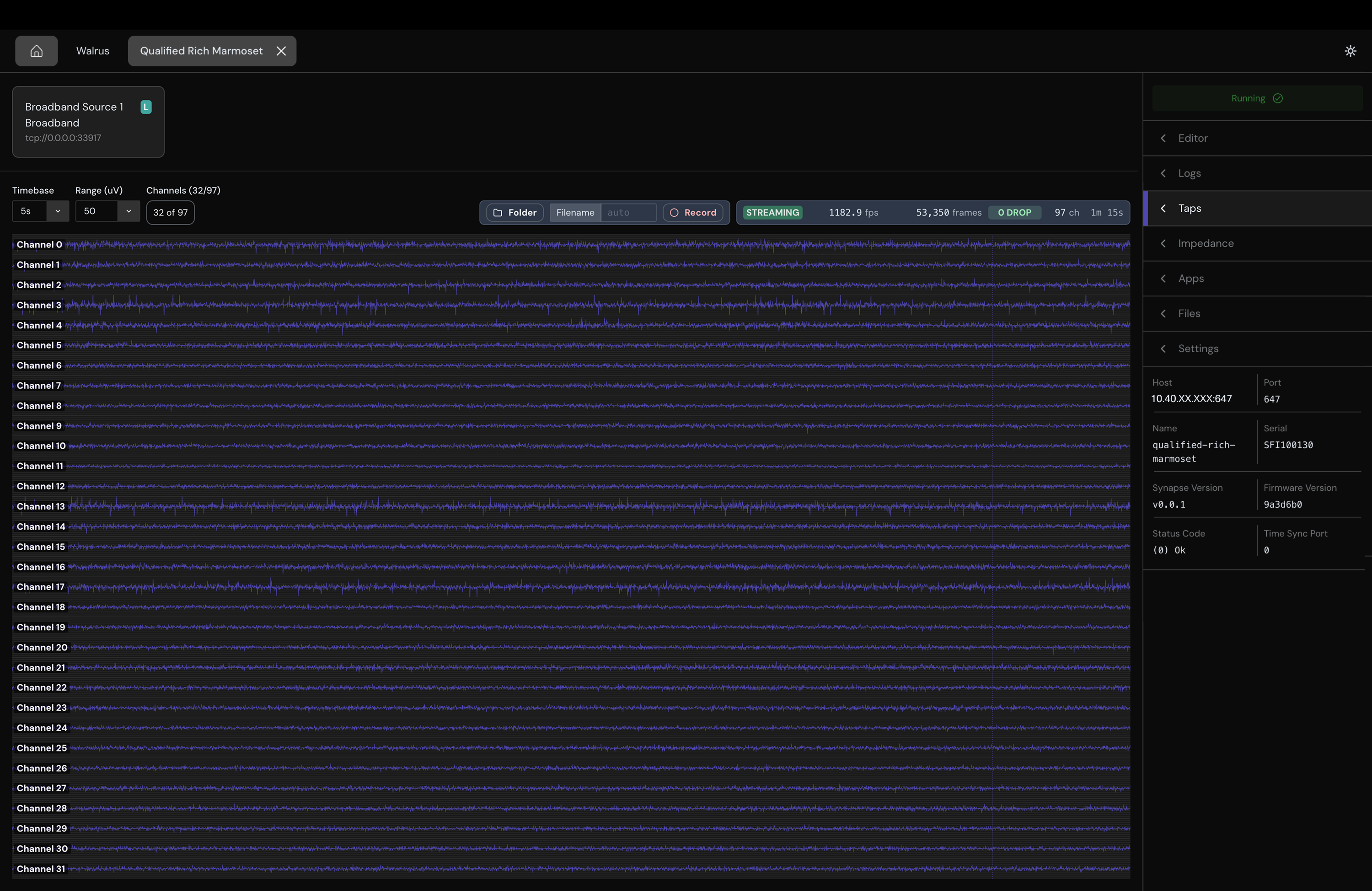 Taps tab showing streaming data