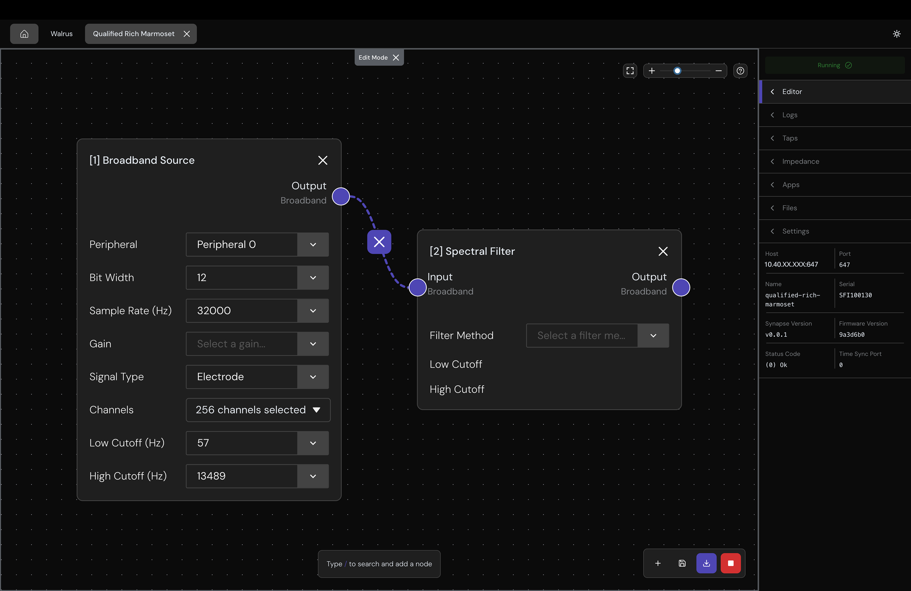 Signal chain canvas showing a node connection and the X button to remove it
