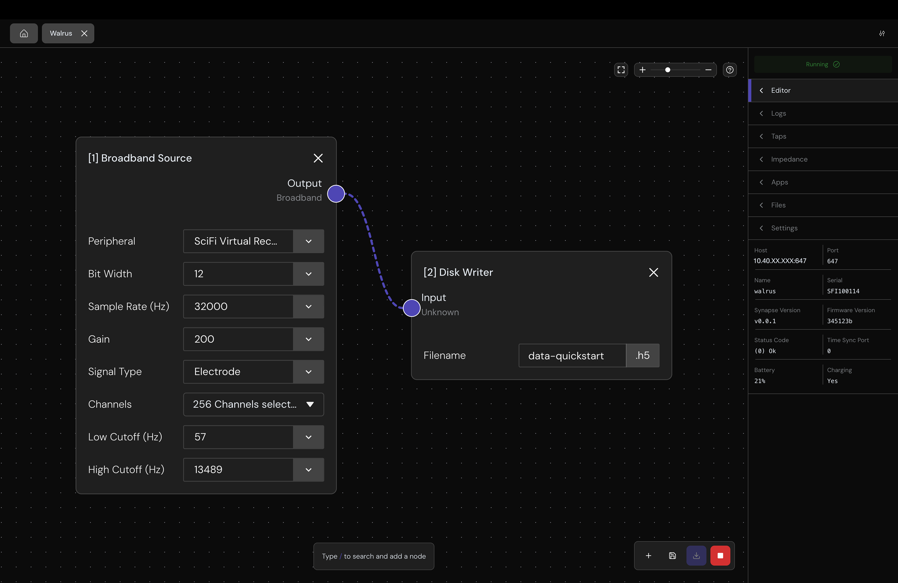 Placeholder showing a Broadband Source node connected to a Disk Writer node in the Synapse Headstage GUI.