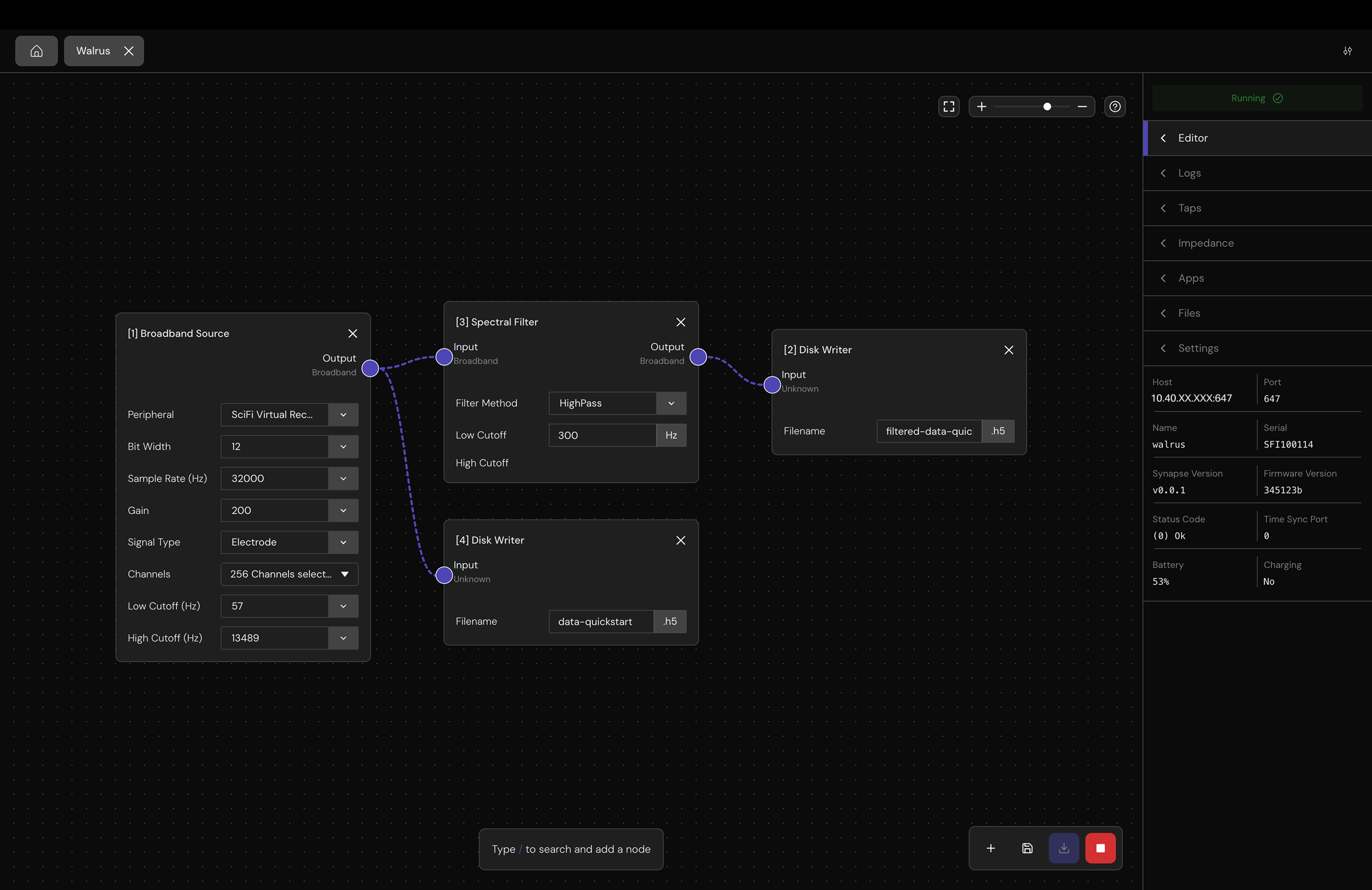 Placeholder showing a Broadband Source node connected to a configured Spectral Filter node.