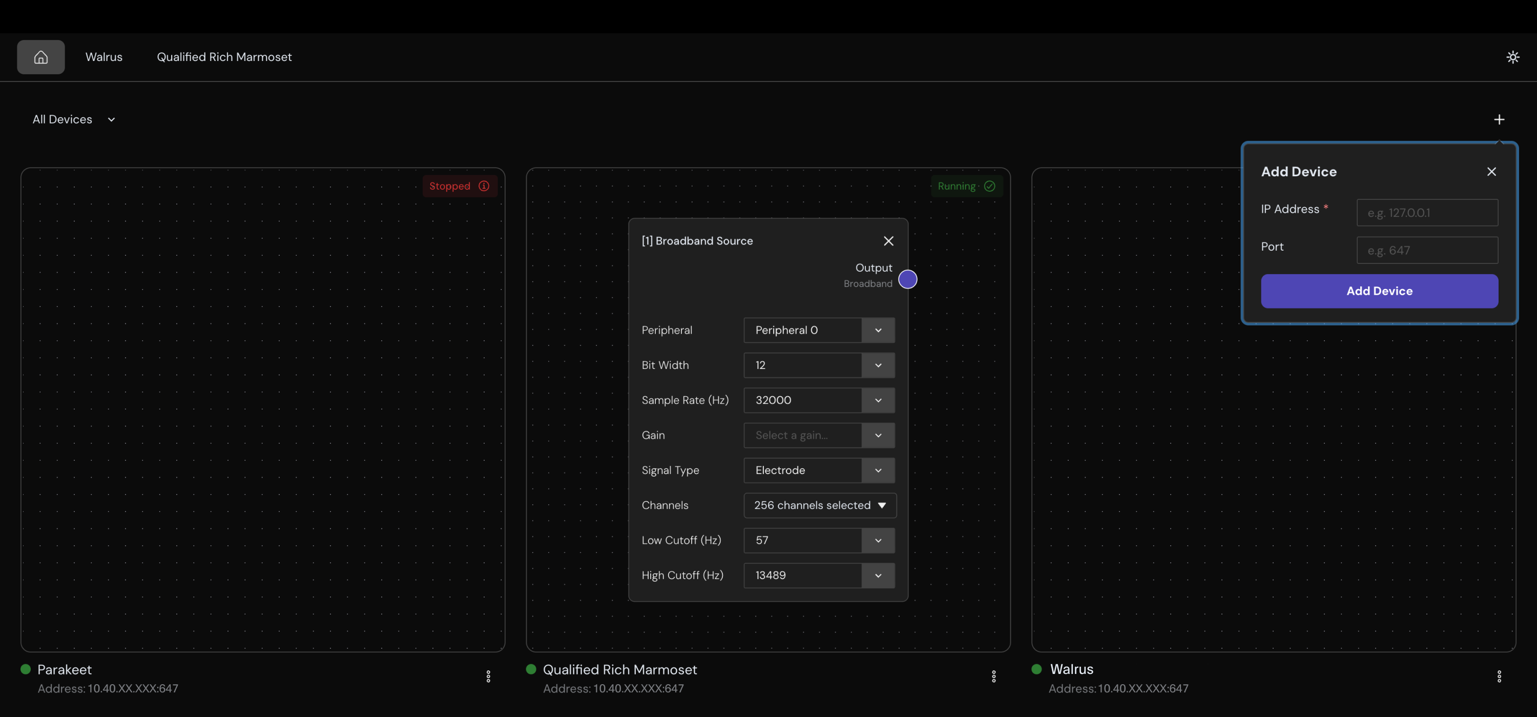 Add Device form with IP address and port fields open over the device list