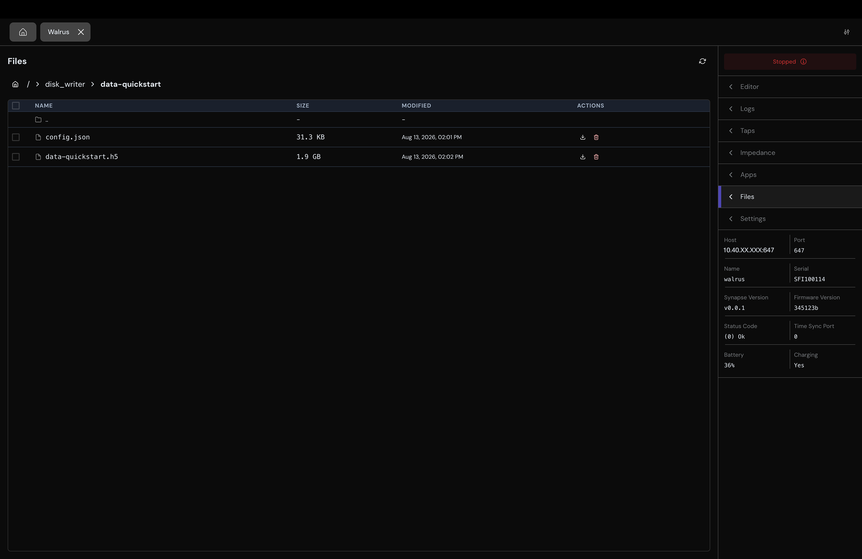 Placeholder showing recordings in the Files section of the Synapse Headstage GUI.