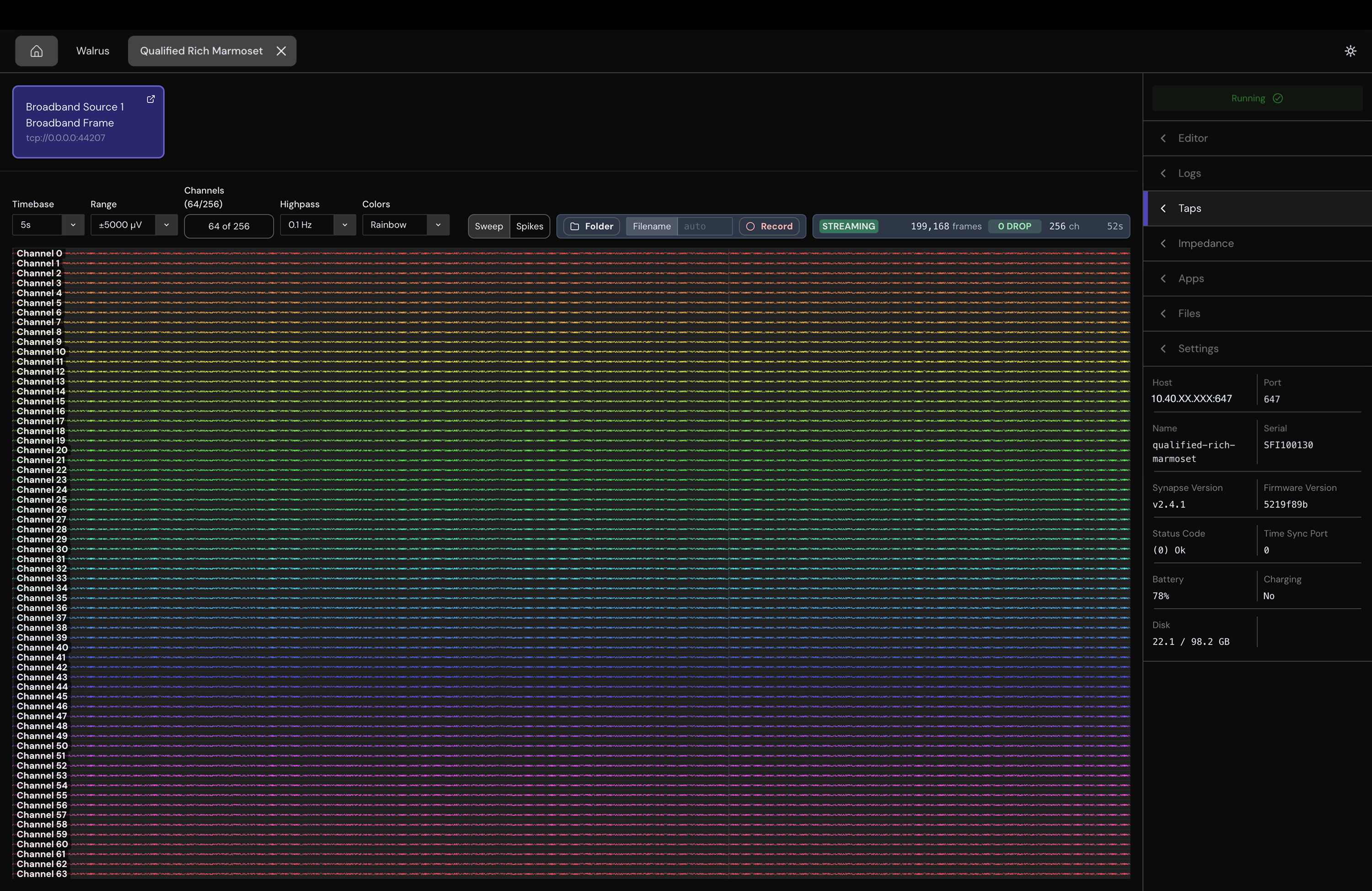 Broadband viewer streaming 32 of 97 channels with the timebase, range, channel, and record controls