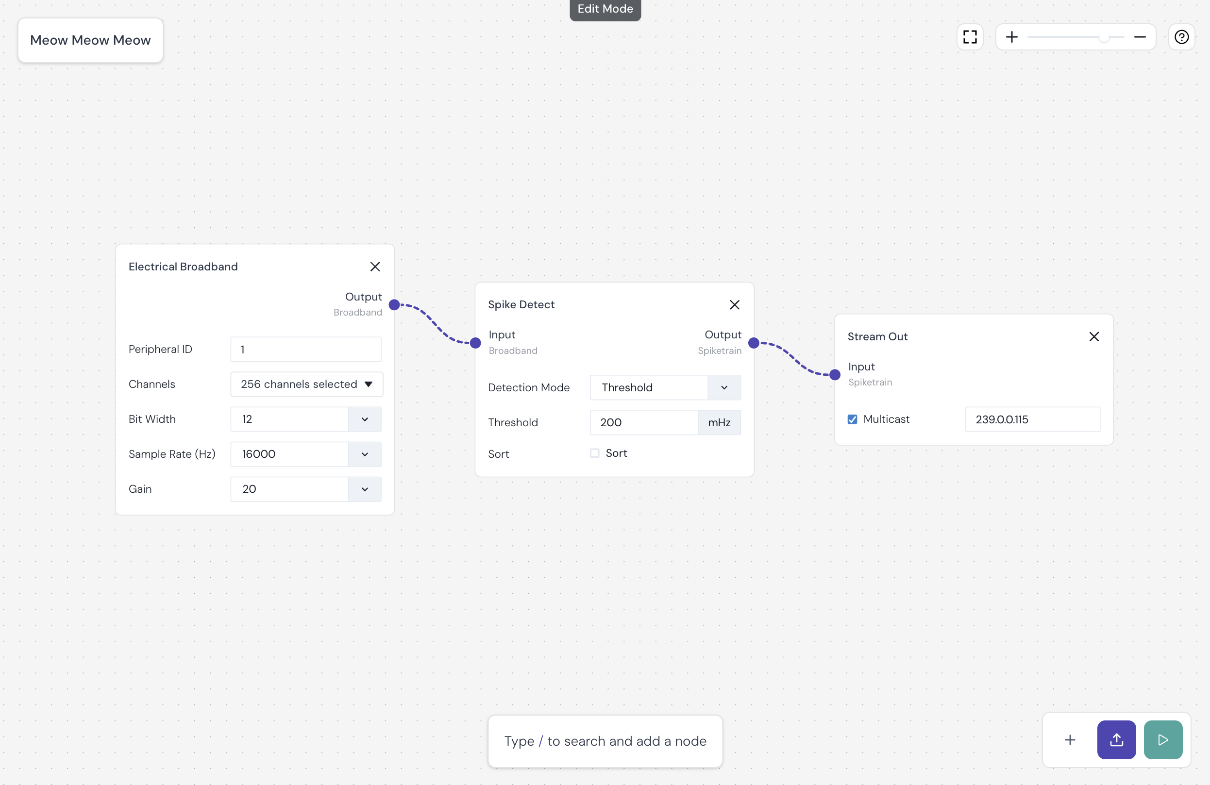 Three nodes are visually linked to one another (Electrical Broadband > Spike Detect > Stream Out) in the Nexus UI to represent how nodes form a signal chain.