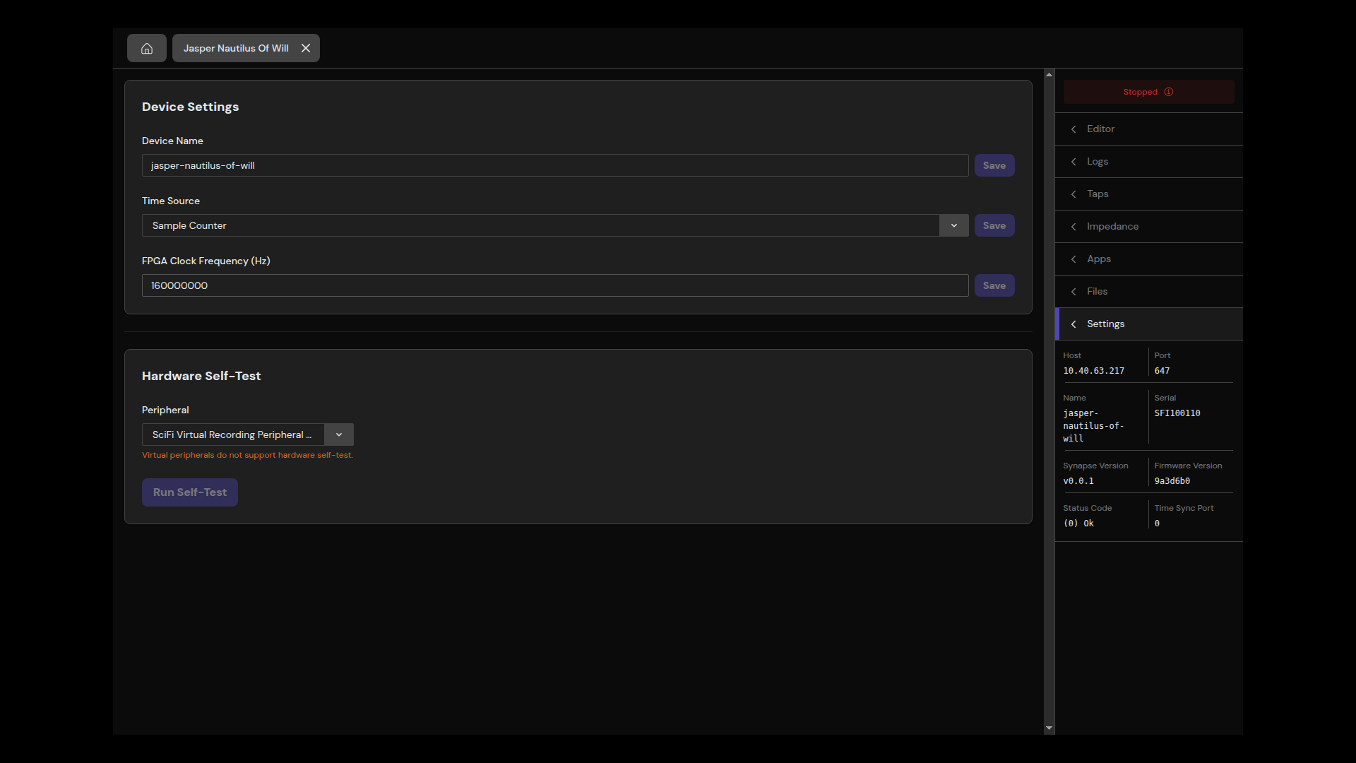 Settings tab showing device configuration and hardware self-test