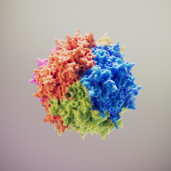 A colorized render of a spiky-looking protein nanoparticle